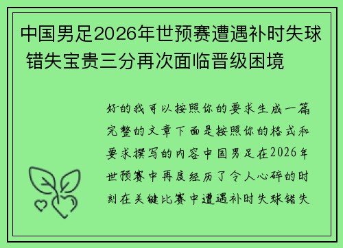 中国男足2026年世预赛遭遇补时失球 错失宝贵三分再次面临晋级困境 中国男足2026年世预赛遭遇补时失球 错失宝贵三分再次面临晋级困境